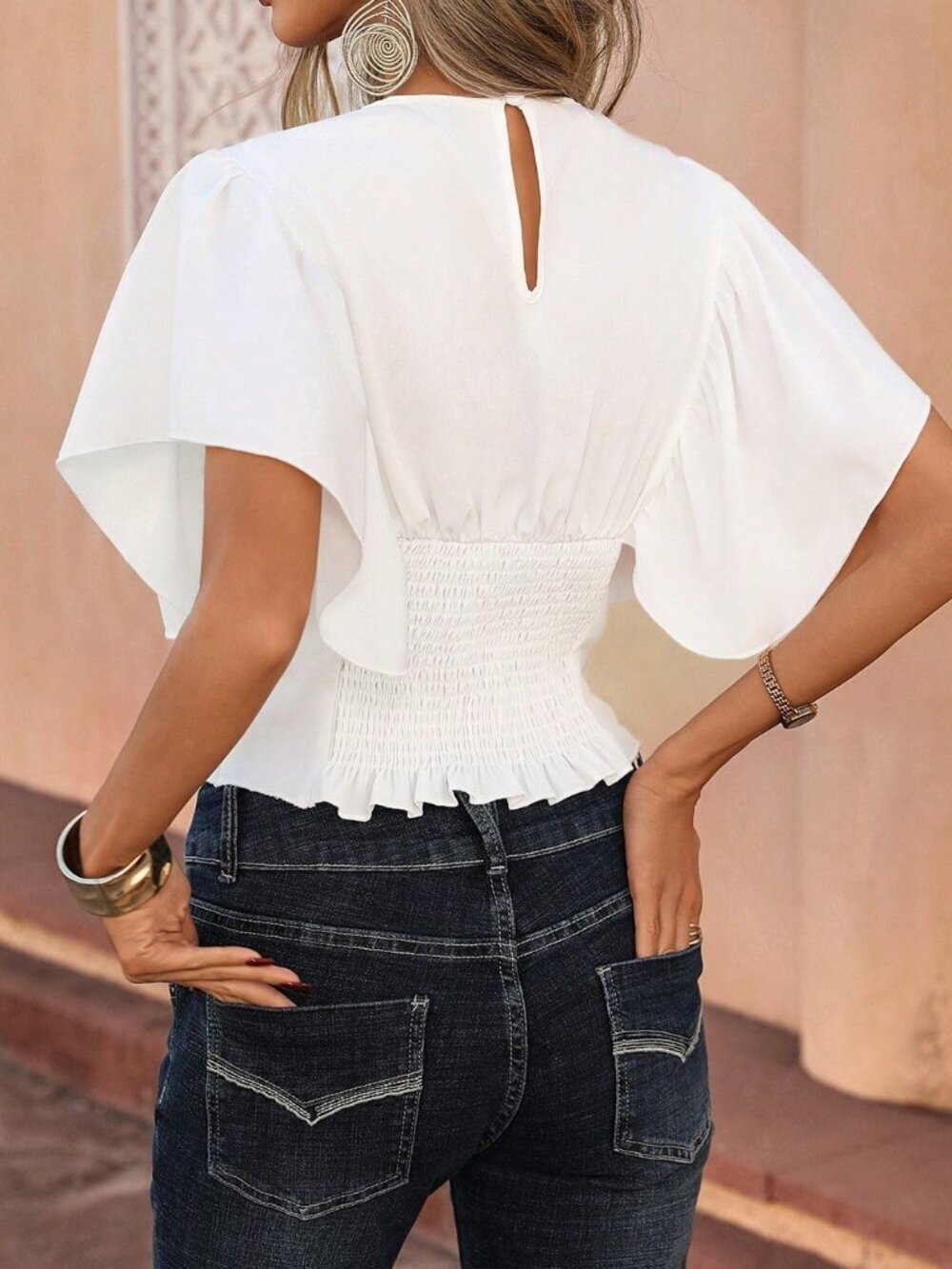 White Women's Boho Elegant Short Sleeve Floral Ruffle Blouse - Picture 2 of 5
